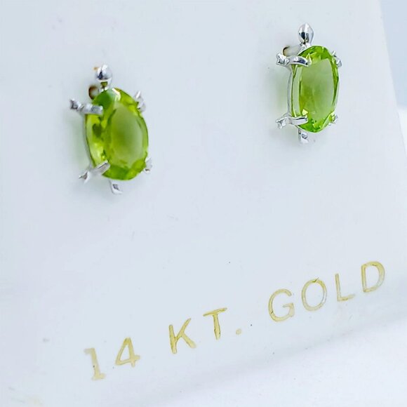 Genuine 1.66 Cts Peridot Turtle Stud Earrings Solid 14k Gold - Picture 7 of 7